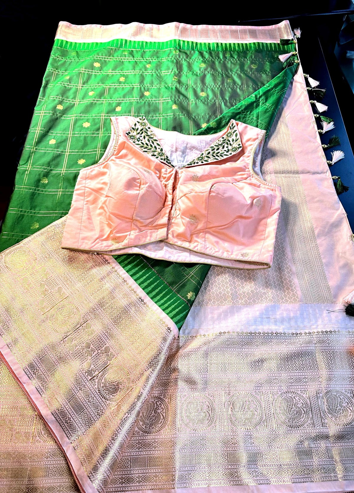 Gadwal Premium Semi Silk Saree with Maggam Work Sleeveless Blouse, Ready-to-wear, USA Shipping, Partywear, Wedding Wear Saree.