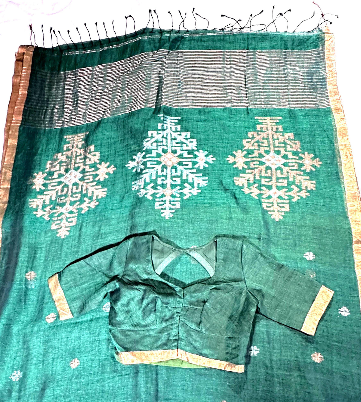 Linen by Linen Jamdani Saree with stitched blouse | Jamdani Handloom Saree | Ready to Wear with Blouse | Ships from USA