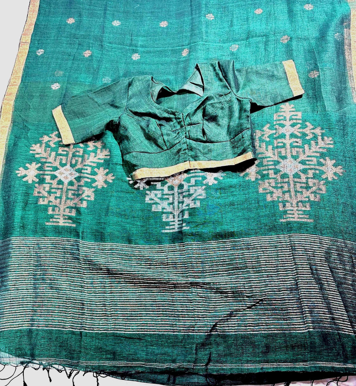 Linen by Linen Jamdani Saree with stitched blouse | Jamdani Handloom Saree | Ready to Wear with Blouse | Ships from USA
