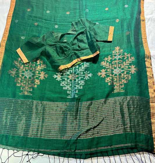 Linen by Linen Jamdani Saree with stitched blouse | Jamdani Handloom Saree | Ready to Wear with Blouse | Ships from USA