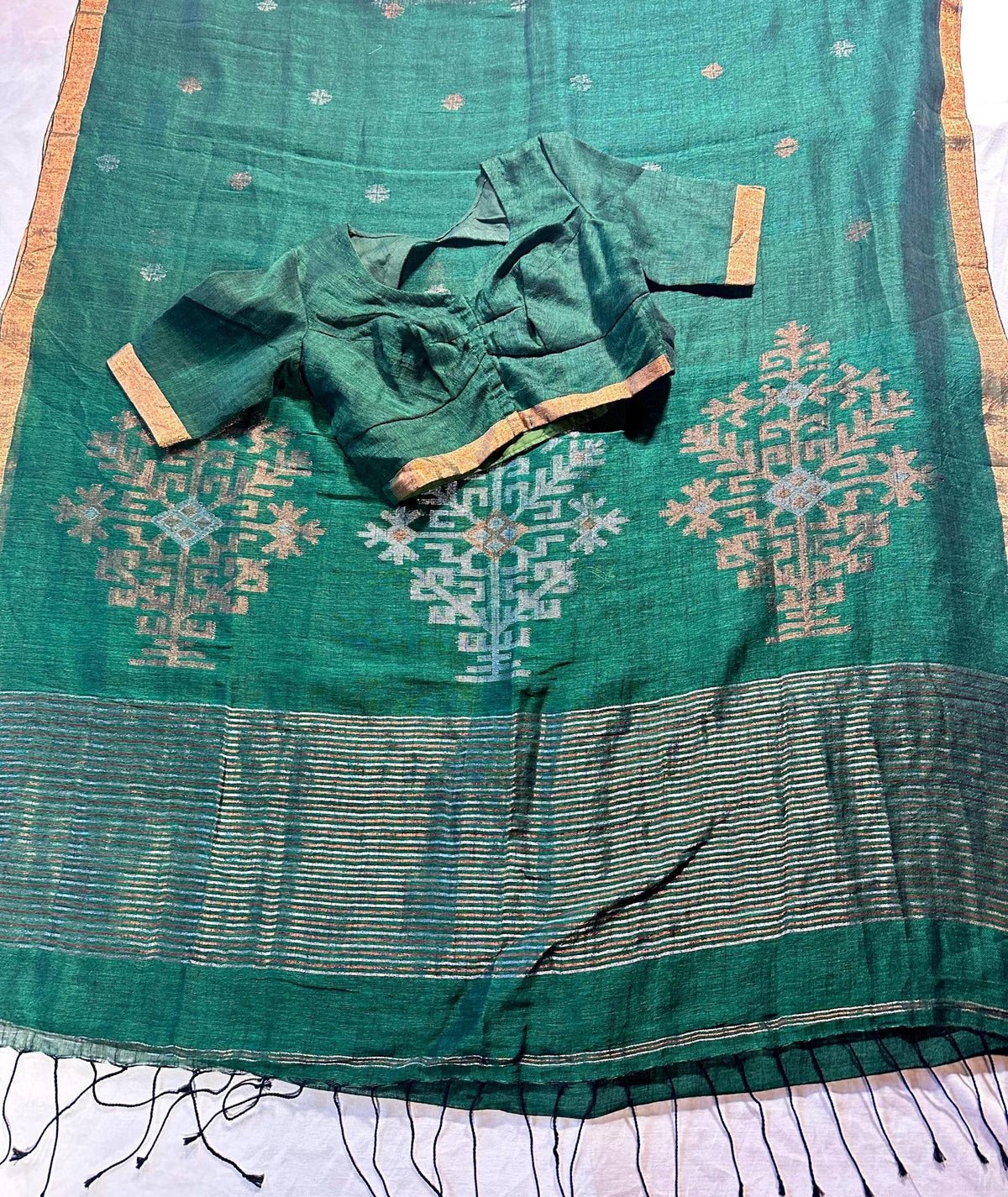 Linen by Linen Jamdani Saree with stitched blouse | Jamdani Handloom Saree | Ready to Wear with Blouse | Ships from USA