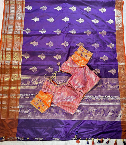 Ready to wear Gadwal Border Chiniya Pattu Saree with stitched Blouse | Party Wear  Wedding Semi  Silk Saree | Stitched Blouse