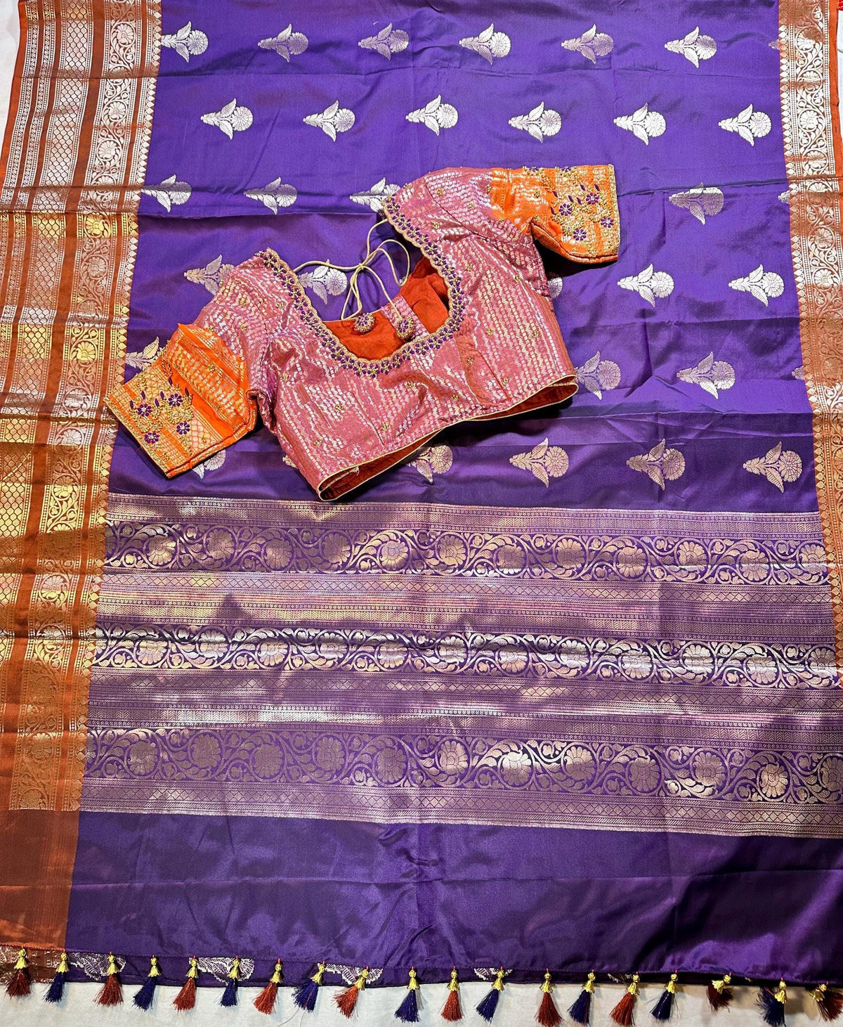 Ready to wear Gadwal Border Chiniya Pattu Saree with stitched Blouse | Party Wear  Wedding Semi  Silk Saree | Stitched Blouse