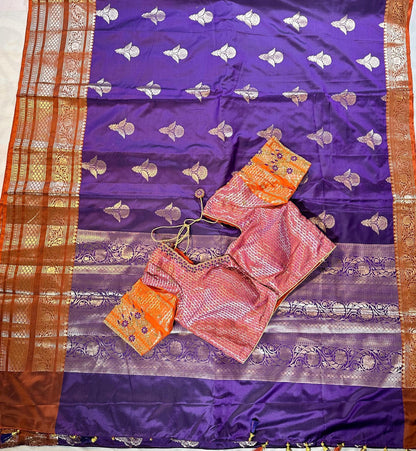 Ready to wear Gadwal Border Chiniya Pattu Saree with stitched Blouse | Party Wear  Wedding Semi  Silk Saree | Stitched Blouse
