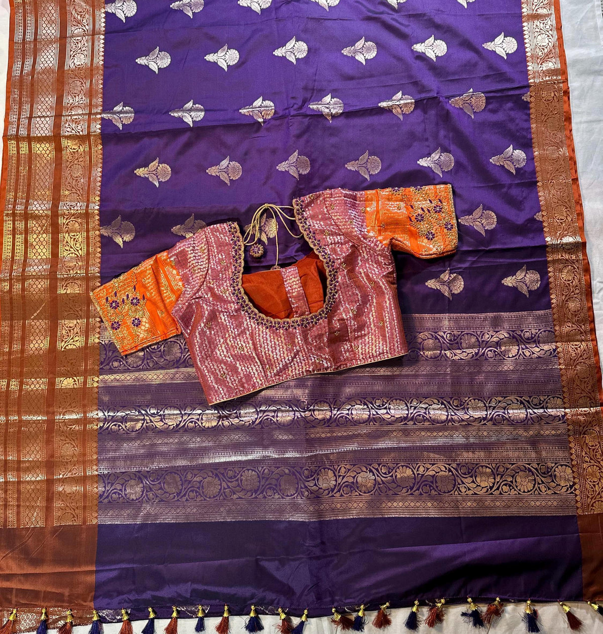 Ready to wear Gadwal Border Chiniya Pattu Saree with stitched Blouse | Party Wear  Wedding Semi  Silk Saree | Stitched Blouse