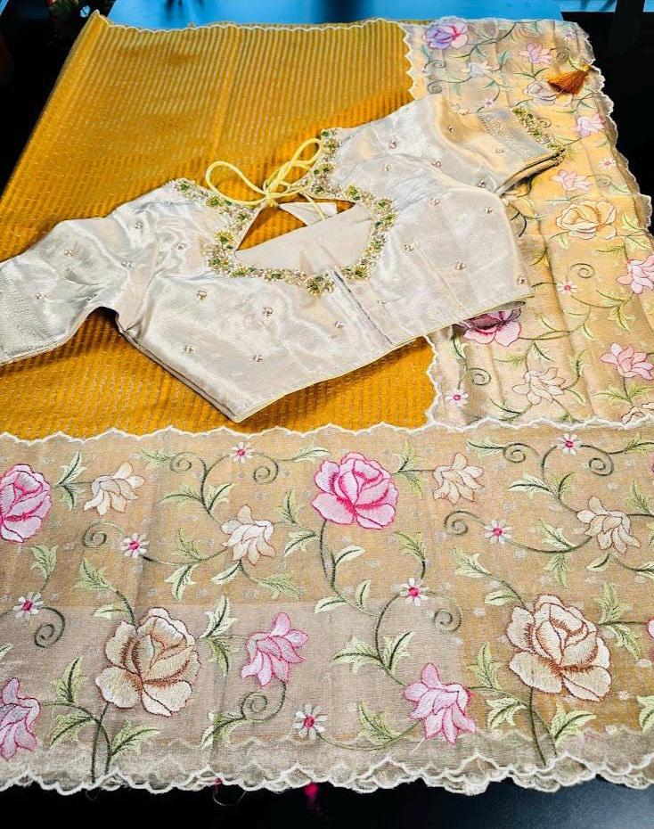 Handloom Pure Kora Tissue Silk Saree with Full Embroidery with Maggam Work Blouse