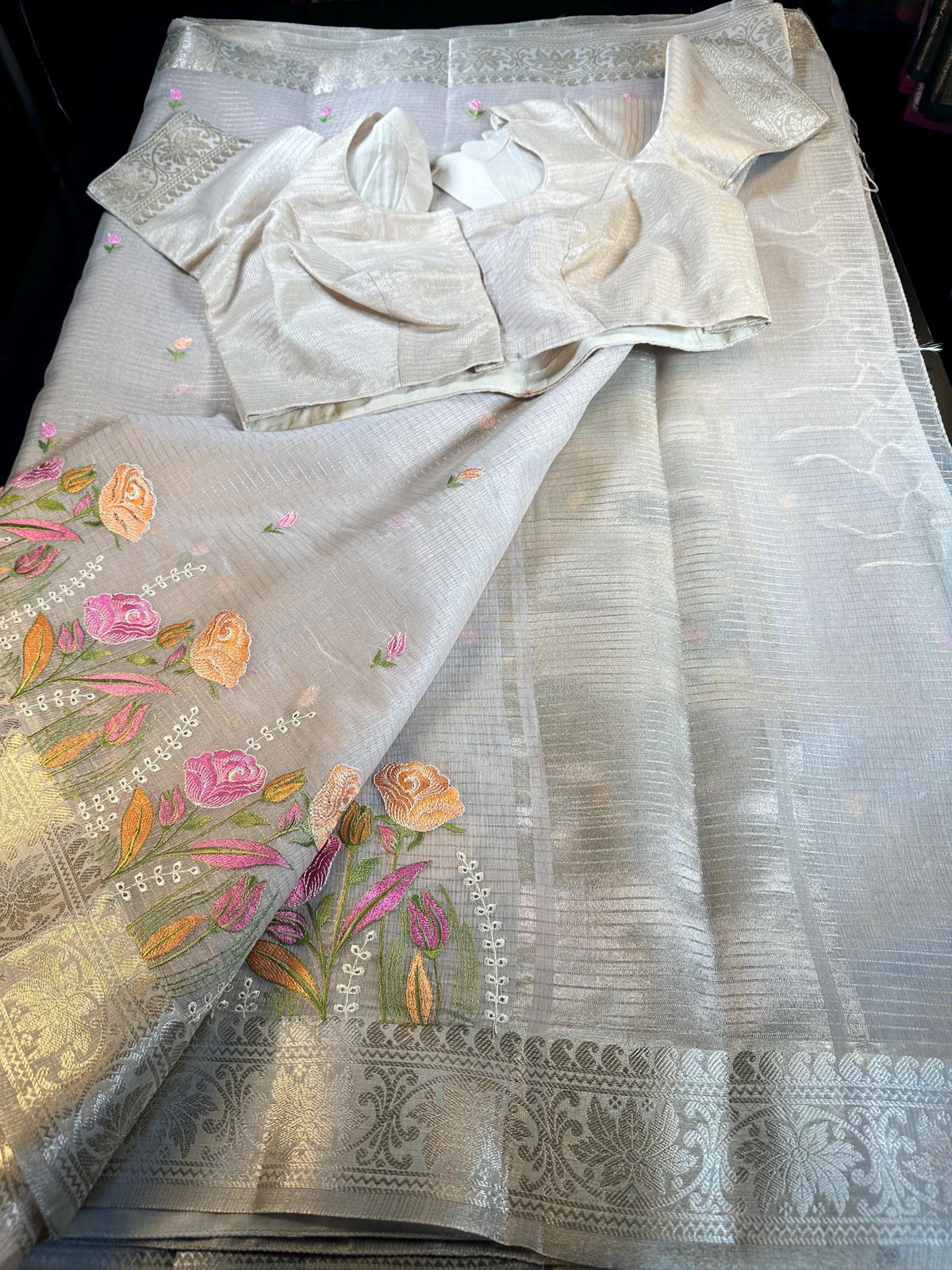 Elegant Ready to Wear Tissue Kota Silk Party Wear Festive Saree with Stitched Blouse Banarasi Style Border Embroidery Work