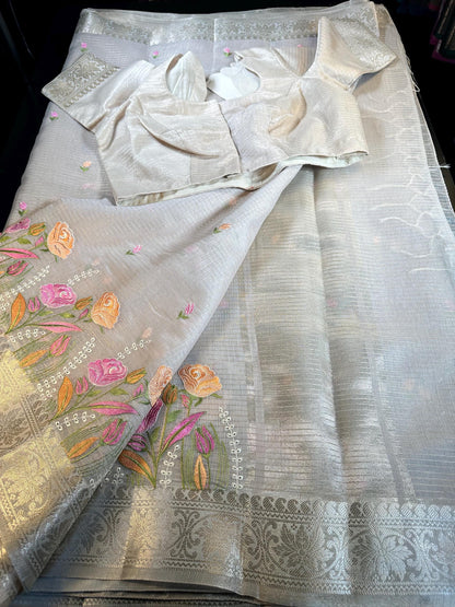 Elegant Ready to Wear Tissue Kota Silk Party Wear Festive Saree with Stitched Blouse Banarasi Style Border Embroidery Work
