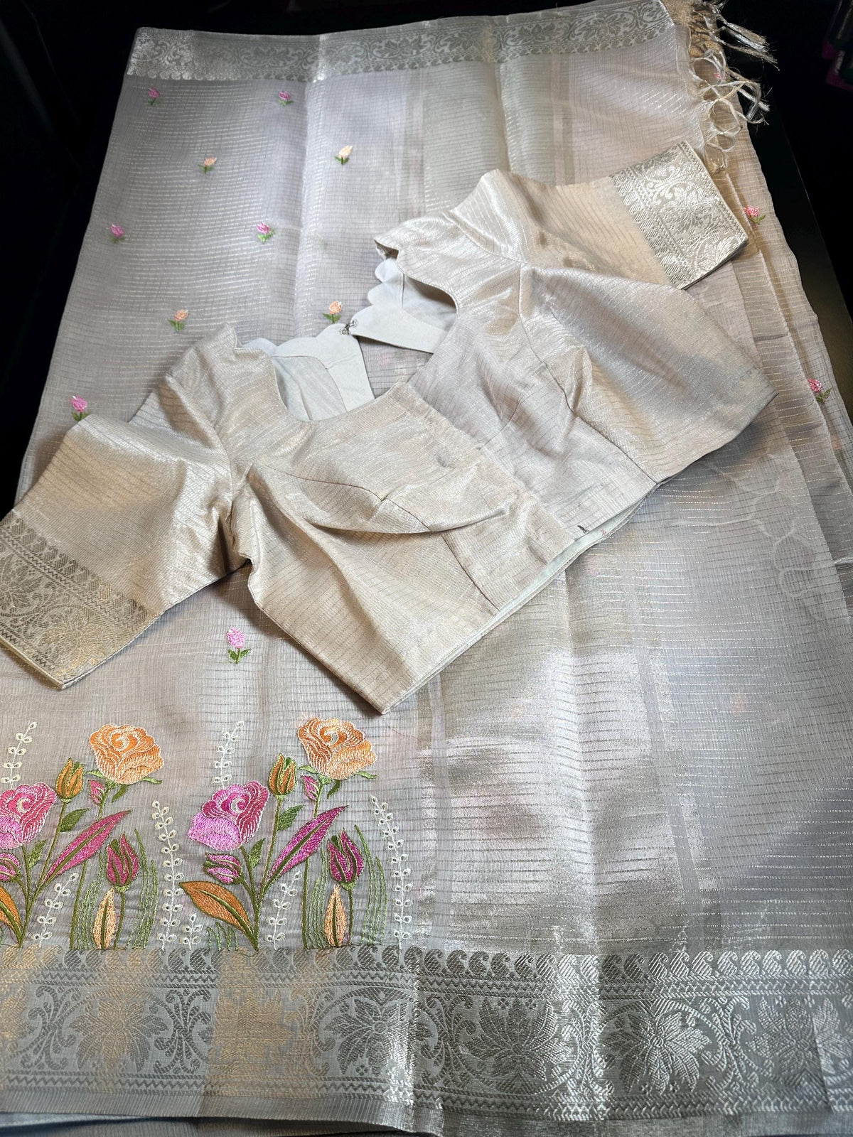 Elegant Ready to Wear Tissue Kota Silk Party Wear Festive Saree with Stitched Blouse Banarasi Style Border Embroidery Work