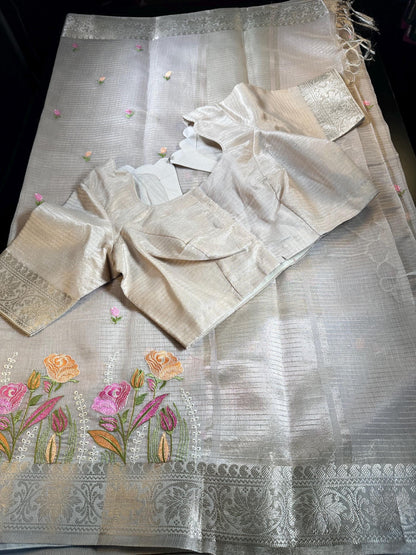 Elegant Ready to Wear Tissue Kota Silk Party Wear Festive Saree with Stitched Blouse Banarasi Style Border Embroidery Work