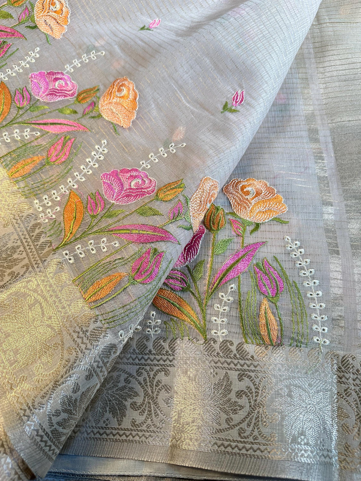 Elegant Ready to Wear Tissue Kota Silk Party Wear Festive Saree with Stitched Blouse Banarasi Style Border Embroidery Work