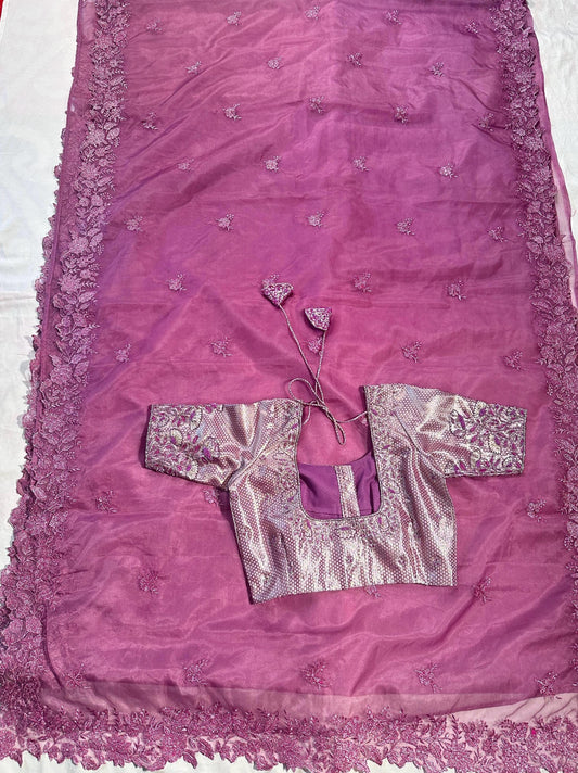 Organza Gift Saree with Running Blouse & Extra Maggam Work Stitched Blouse | Wedding Party Saree | Ships from USA
