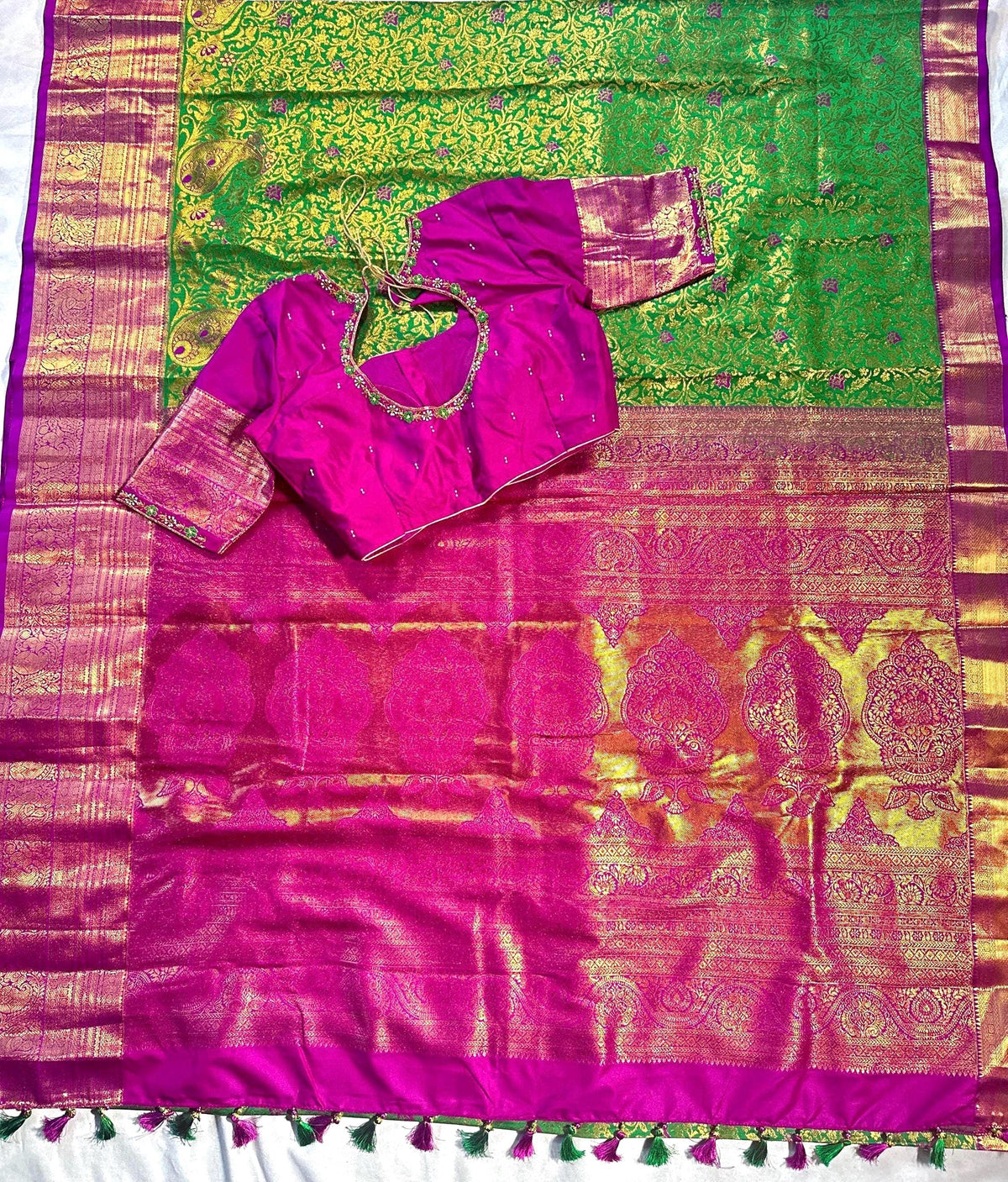 Kanjivaram Premium Silk Saree with Maggam Work Blouse, Ready-to-wear, Shipping from USA