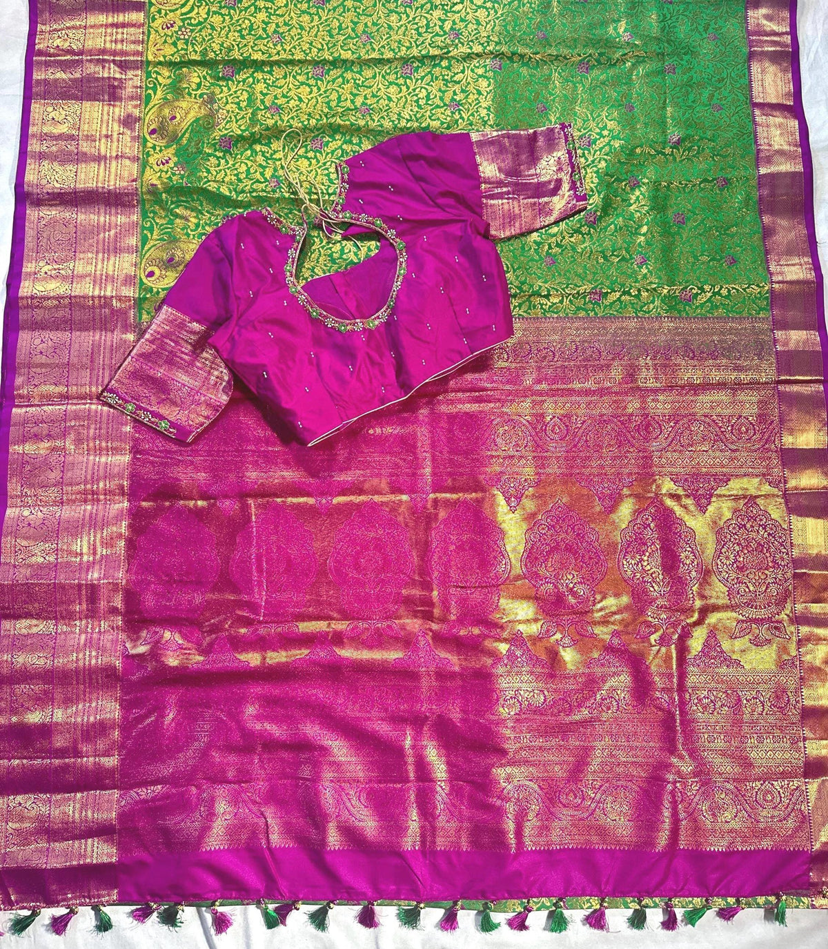 Kanjivaram Premium Silk Saree with Maggam Work Blouse, Ready-to-wear, Shipping from USA
