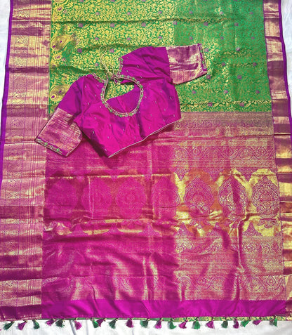Kanjivaram Premium Silk Saree with Maggam Work Blouse, Ready-to-wear, Shipping from USA
