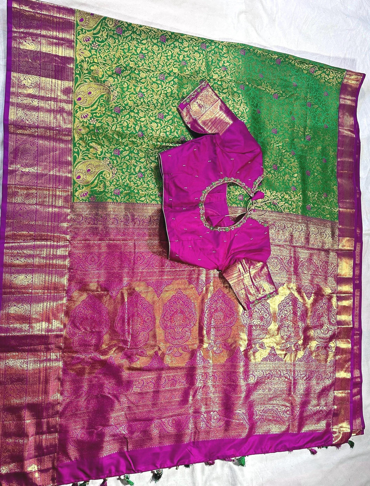 Kanjivaram Premium Silk Saree with Maggam Work Blouse, Ready-to-wear, Shipping from USA