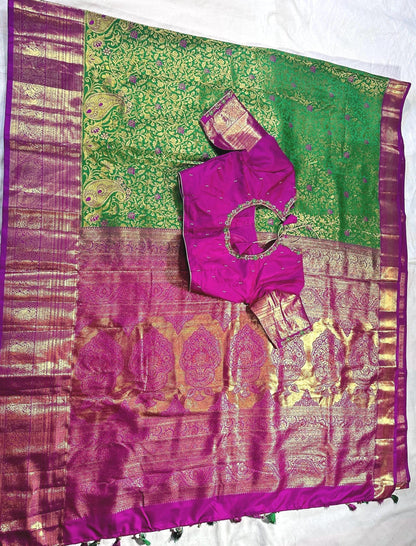 Kanjivaram Premium Silk Saree with Maggam Work Blouse, Ready-to-wear, Shipping from USA