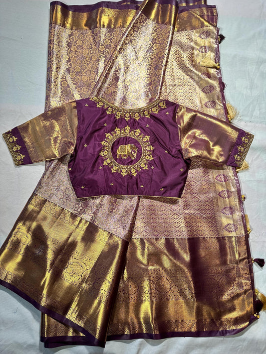 Kanchi Tissue Semi Silk Saree with Maggam Work Blouse. Partywear, Wedding Wear Saree, Shipping from USA