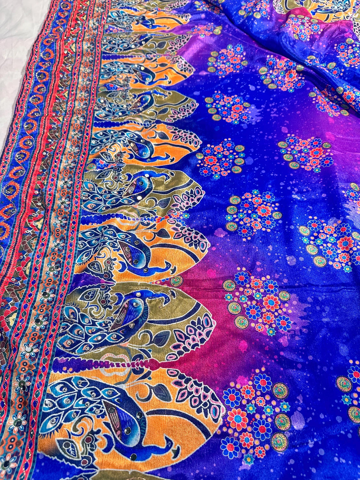 Mirror & Aari Katdana Work Chinon Silk Saree with Stitched Blouse | Wedding Party Festival Saree | Ships from USA