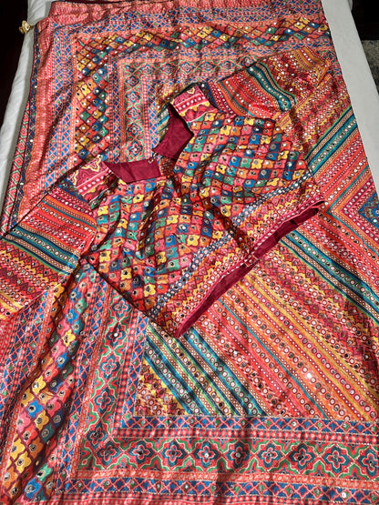 Mirror & Aari Katdana Work Chinon Silk Saree with Stitched Blouse | Wedding Party Festival Saree | Ships from USA