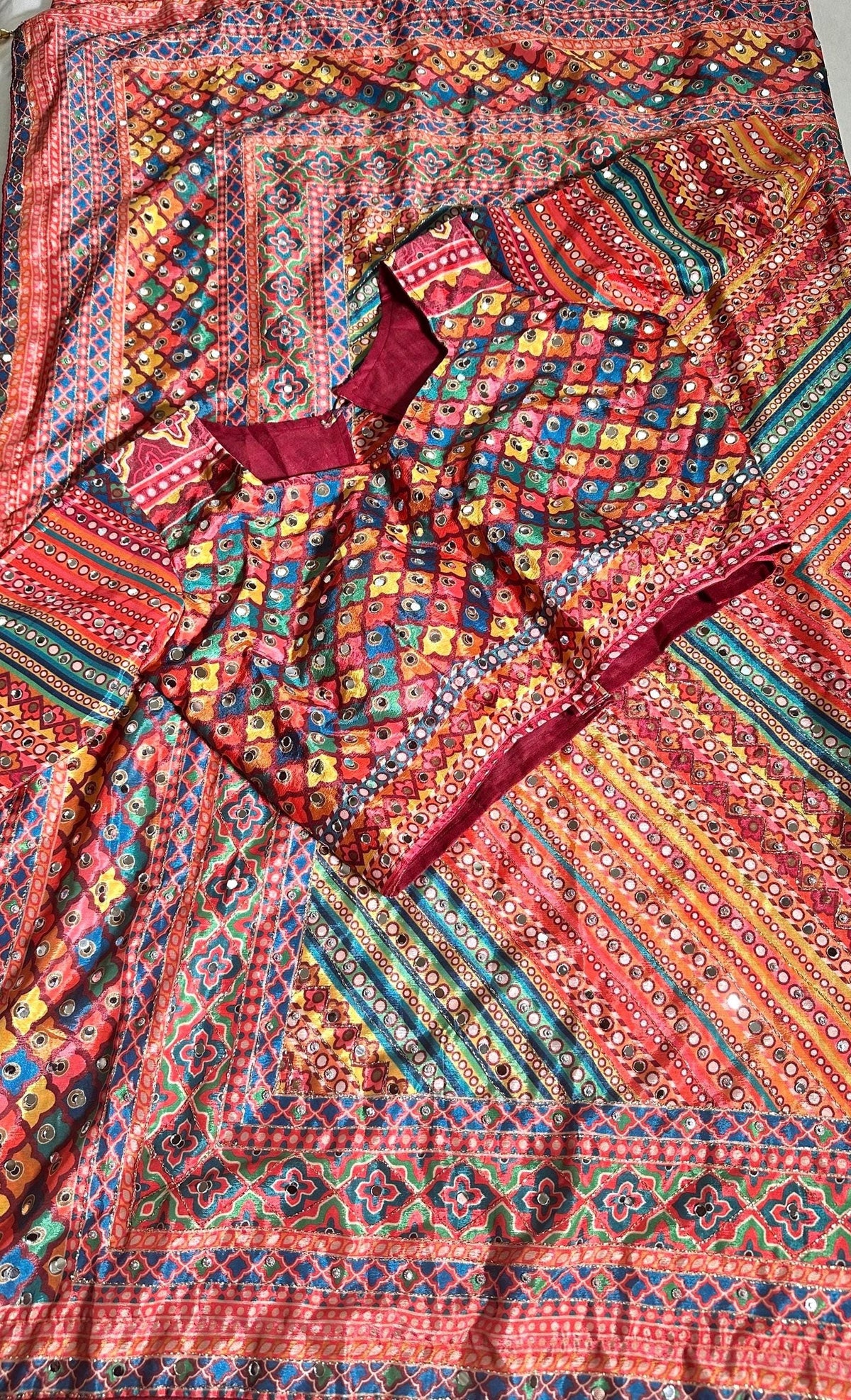 Mirror & Aari Katdana Work Chinon Silk Saree with Stitched Blouse | Wedding Party Festival Saree | Ships from USA