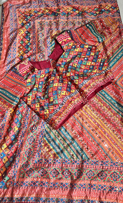 Mirror & Aari Katdana Work Chinon Silk Saree with Stitched Blouse | Wedding Party Festival Saree | Ships from USA