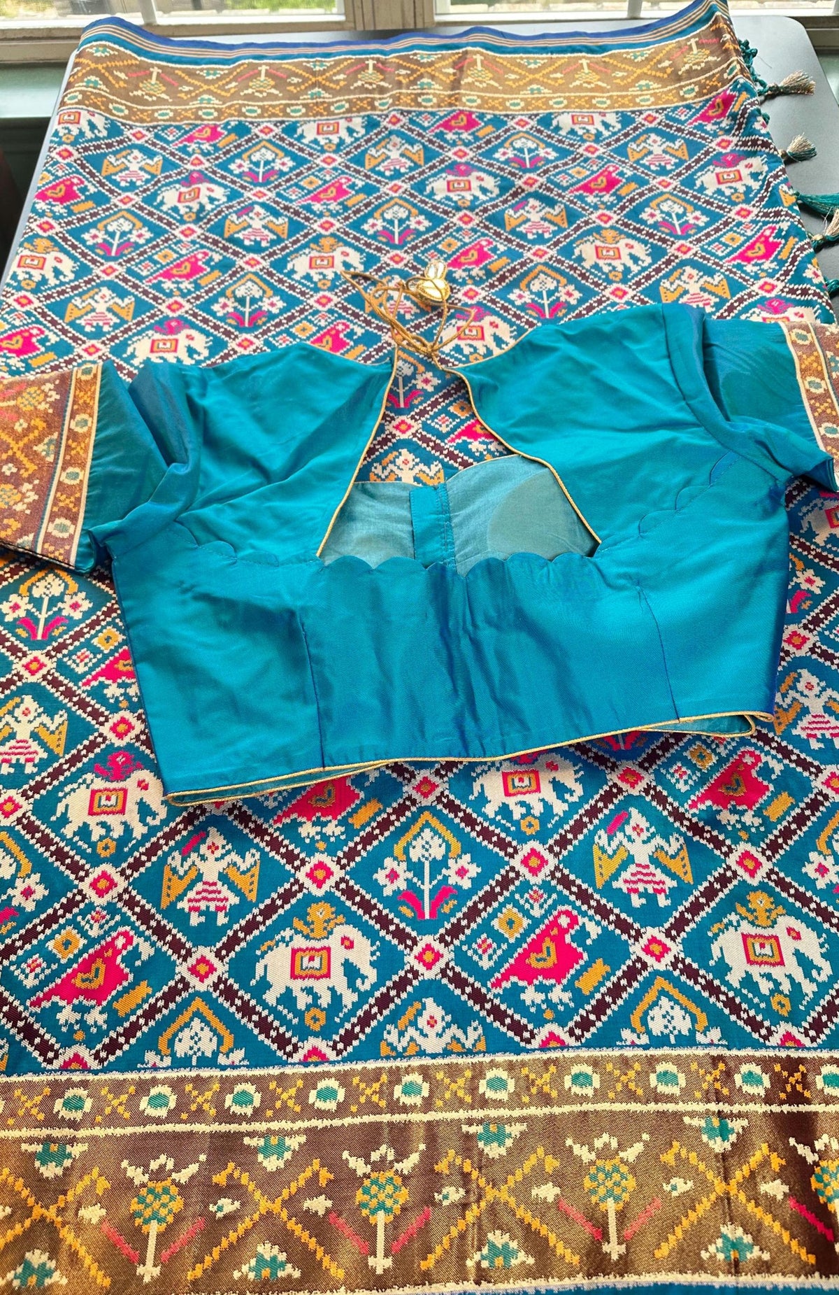 Weaving Handloom Patola Saree with Stitched Blouse, Chakli Popat Design Semi Silk Full Weaving Saree, Shipping from USA, Ready to Wear