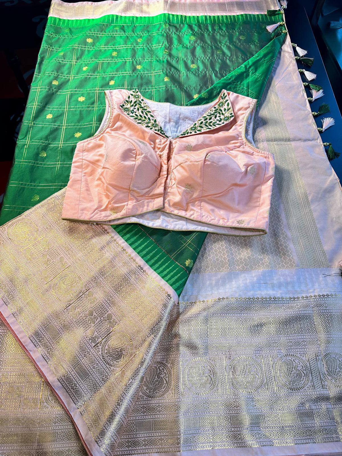 Gadwal Premium Semi Silk Saree with Maggam Work Sleeveless Blouse, Ready-to-wear, USA Shipping, Partywear, Wedding Wear Saree.