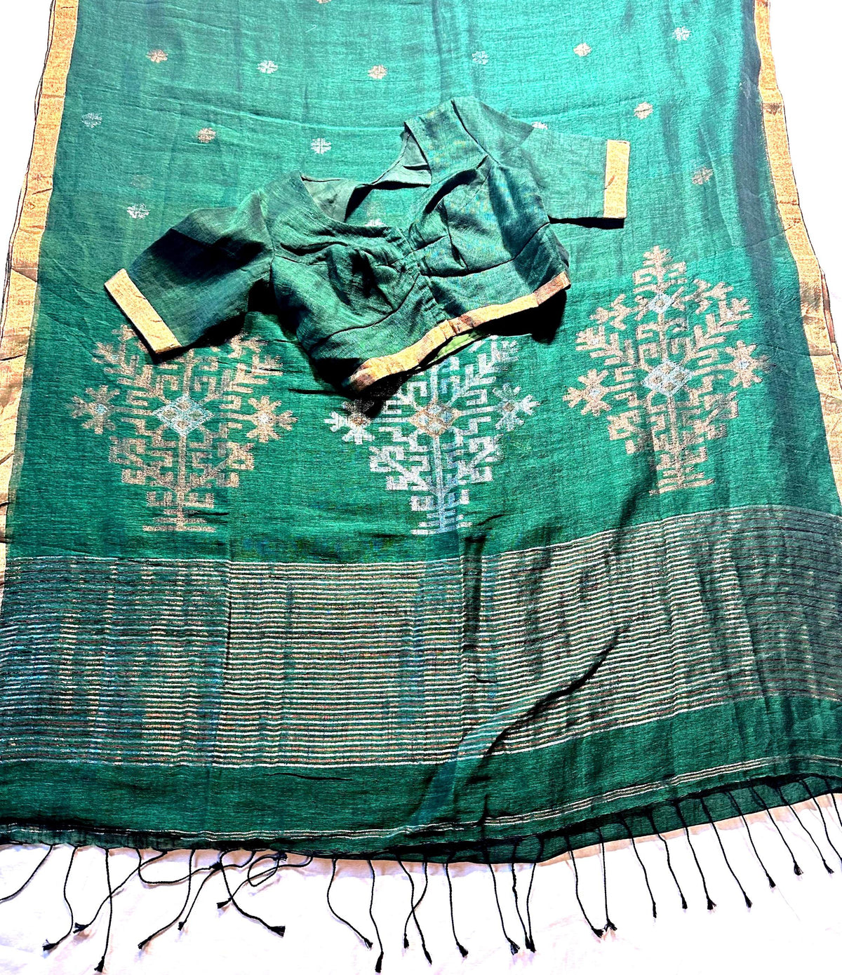Linen by Linen Jamdani Saree with stitched blouse | Jamdani Handloom Saree | Ready to Wear with Blouse | Ships from USA