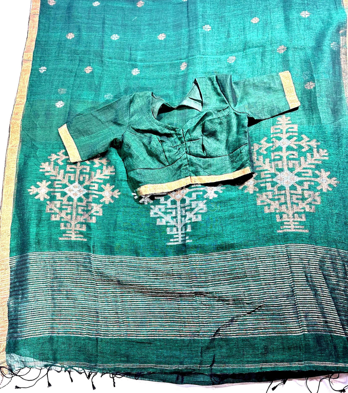 Linen by Linen Jamdani Saree with stitched blouse | Jamdani Handloom Saree | Ready to Wear with Blouse | Ships from USA
