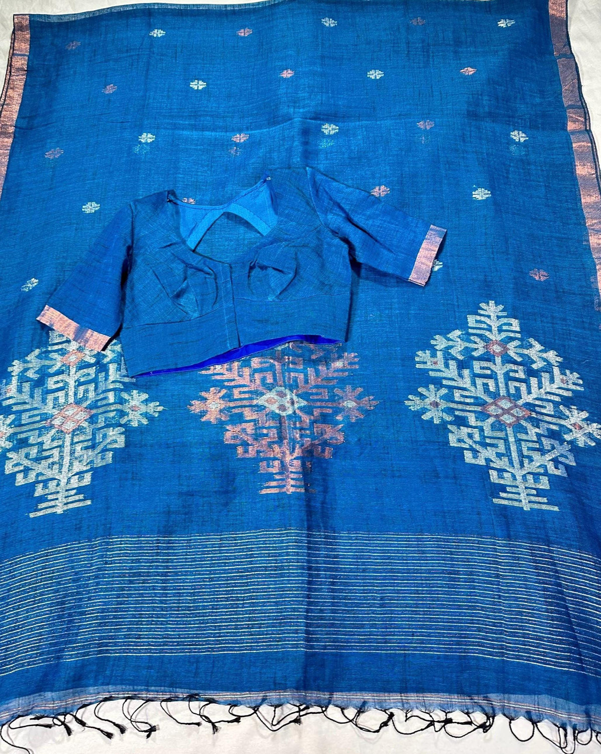 Linen by Linen Jamdani Saree with stitched blouse | Jamdani Handloom Saree | Ready to Wear with Blouse | Ships from USA
