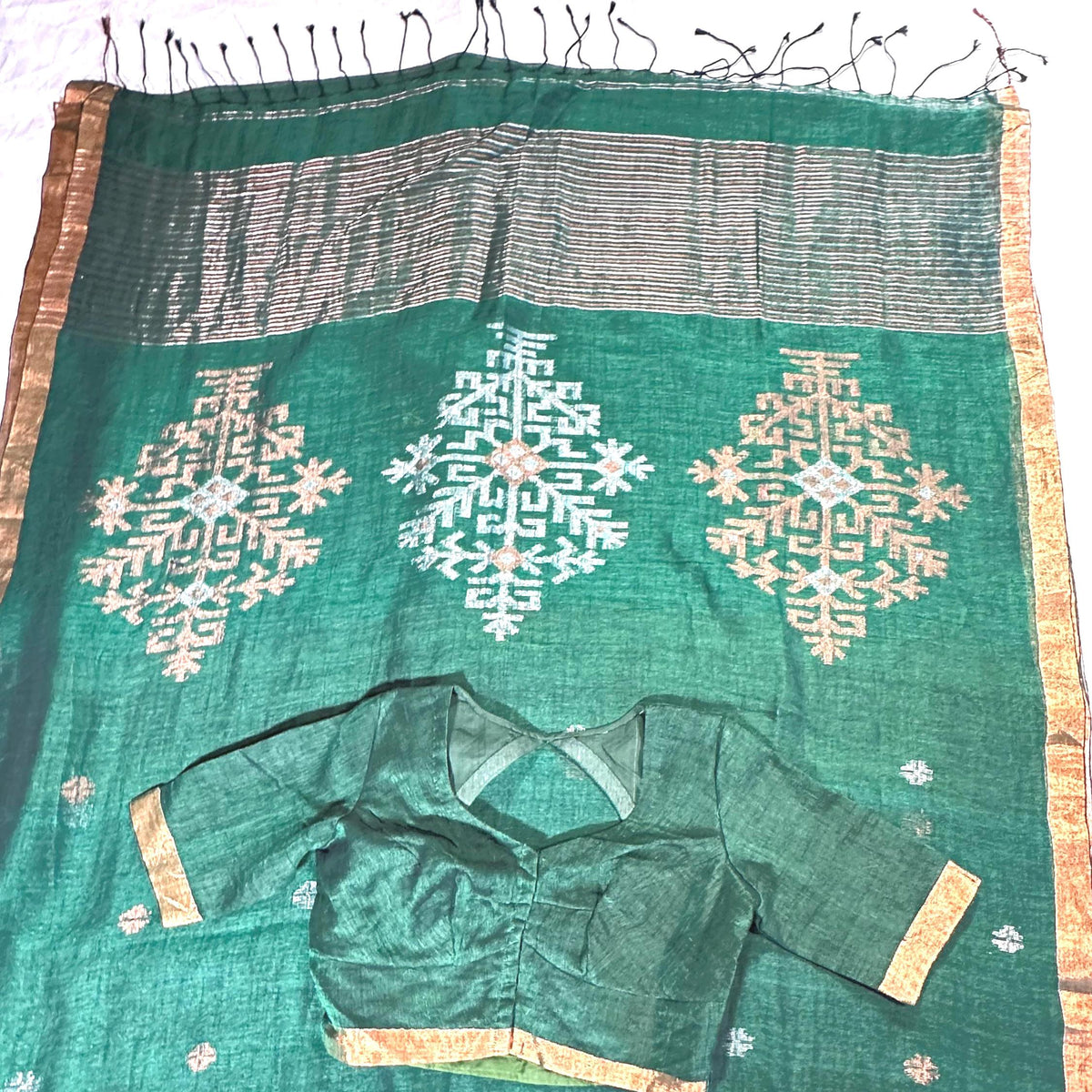 Linen by Linen Jamdani Saree with stitched blouse | Jamdani Handloom Saree | Ready to Wear with Blouse | Ships from USA