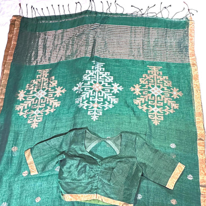 Linen by Linen Jamdani Saree with stitched blouse | Jamdani Handloom Saree | Ready to Wear with Blouse | Ships from USA