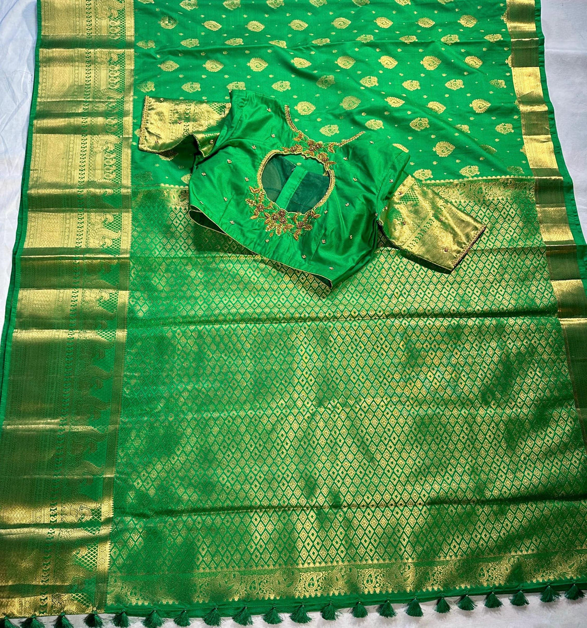 Kanjivaram Premium Semi Silk Saree with Maggam Work Blouse, Ready-to-wear, Shipping from USA
