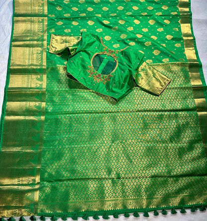 Kanjivaram Premium Semi Silk Saree with Maggam Work Blouse, Ready-to-wear, Shipping from USA