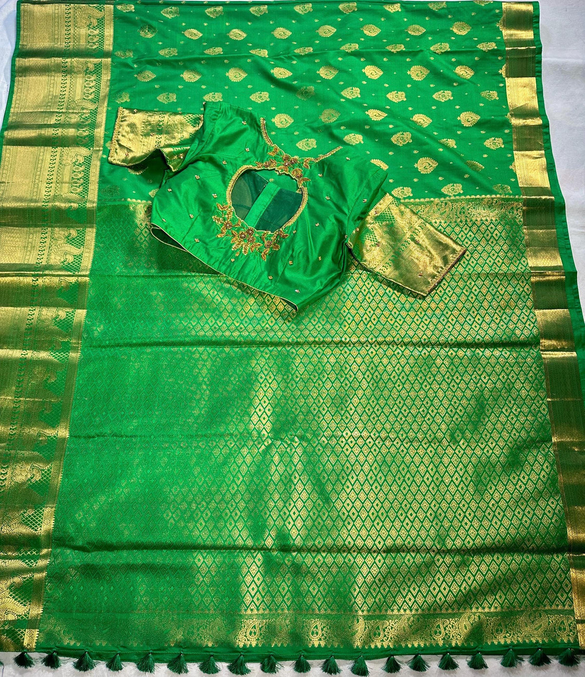 Kanjivaram Premium Semi Silk Saree with Maggam Work Blouse, Ready-to-wear, Shipping from USA