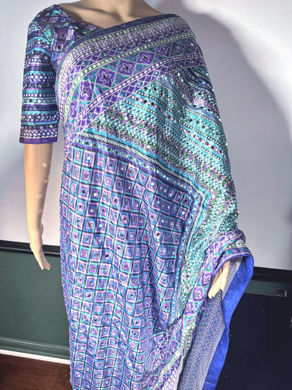 Mirror & Aari Work Chinon Saree with Stitched Blouse –Ready to Wear, Shipping from US