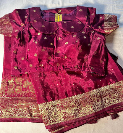 HO Crape Silk Saree with Weaving Pallu & Stitched Designer Collor Neck Blouse, Ready to wear. Dark Maroon Saree Shipping from USA