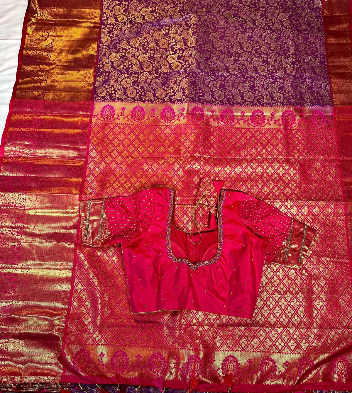 Kanjivaram Premium Kanchi Pattu Silk Saree with Stitched Maggam Work Blouse, Wedding Party Wear