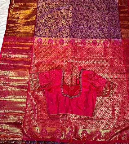 Kanjivaram Premium Kanchi Pattu Silk Saree with Stitched Maggam Work Blouse, Wedding Party Wear