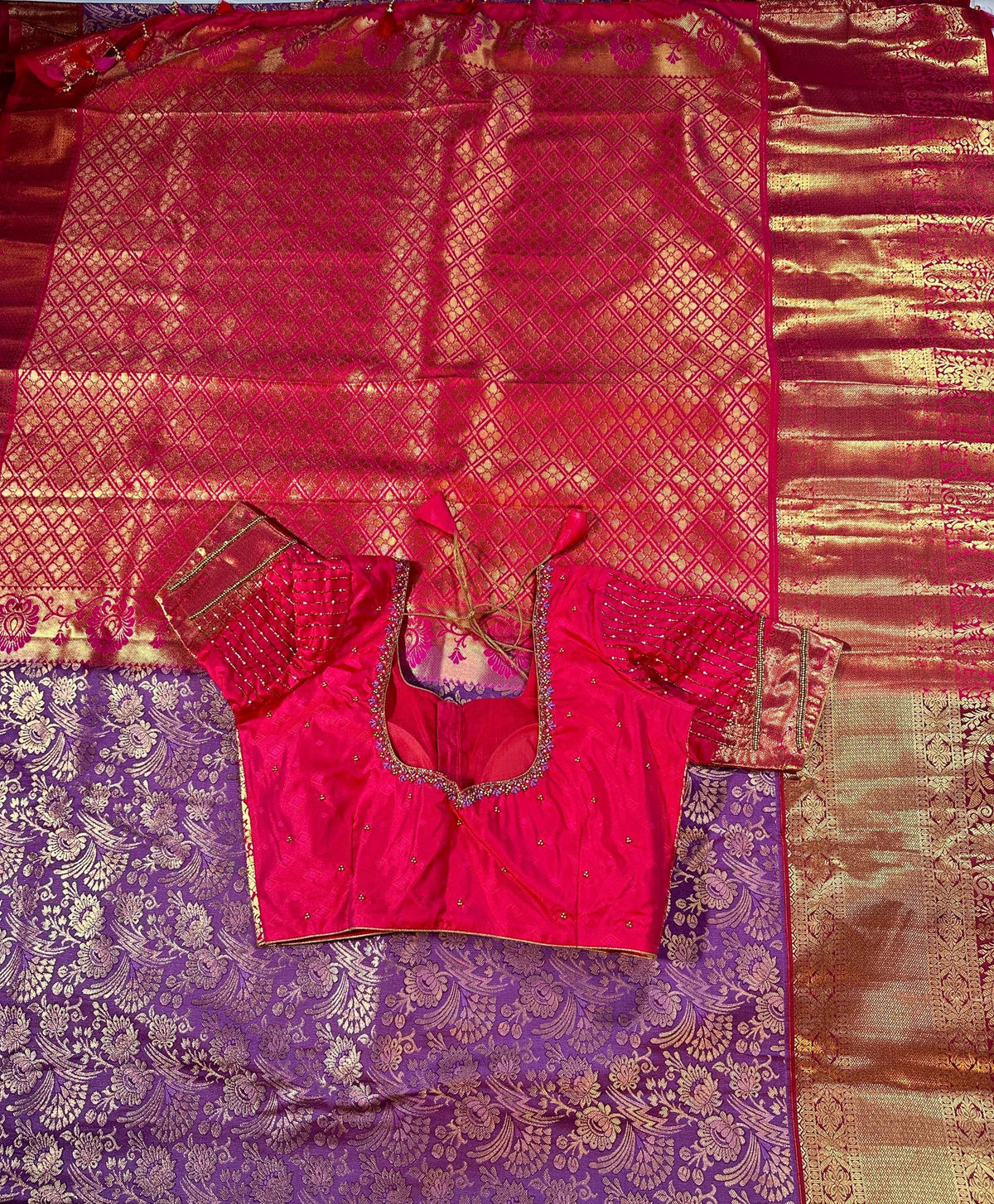 Kanjivaram Premium Kanchi Pattu Silk Saree with Stitched Maggam Work Blouse, Wedding Party Wear