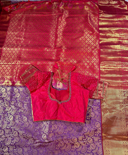 Kanjivaram Premium Kanchi Pattu Silk Saree with Stitched Maggam Work Blouse, Wedding Party Wear