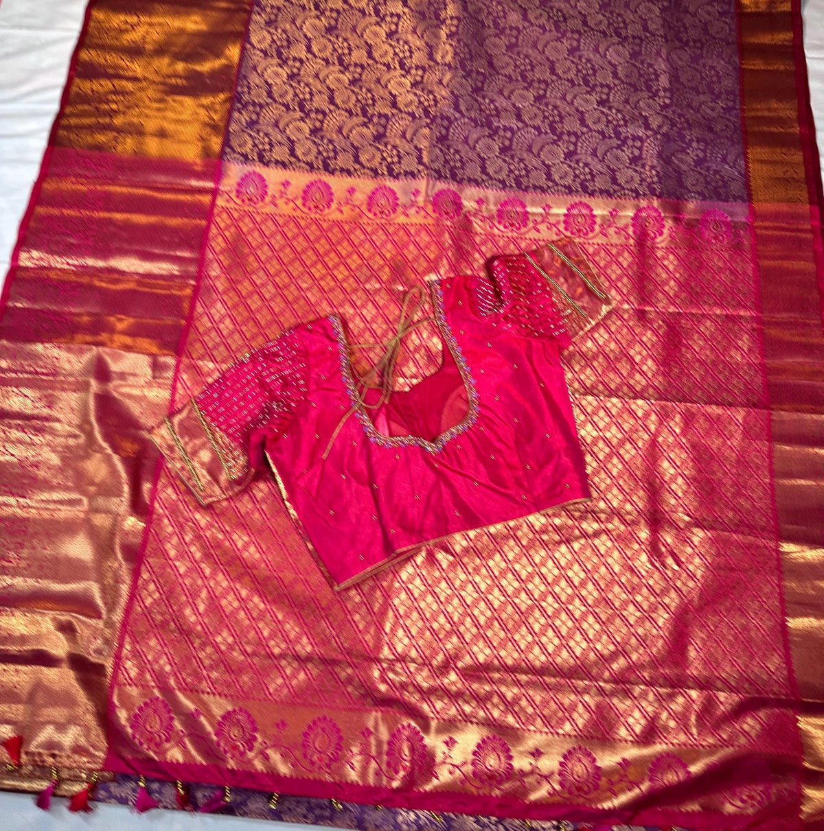 Kanjivaram Premium Kanchi Pattu Silk Saree with Stitched Maggam Work Blouse, Wedding Party Wear