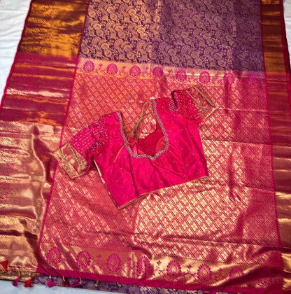 Kanjivaram Premium Kanchi Pattu Silk Saree with Stitched Maggam Work Blouse, Wedding Party Wear