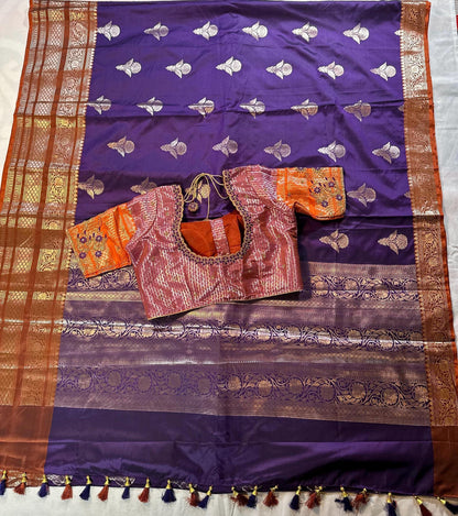 Ready to wear Gadwal Border Chiniya Pattu Saree with stitched Blouse | Party Wear  Wedding Semi  Silk Saree | Stitched Blouse