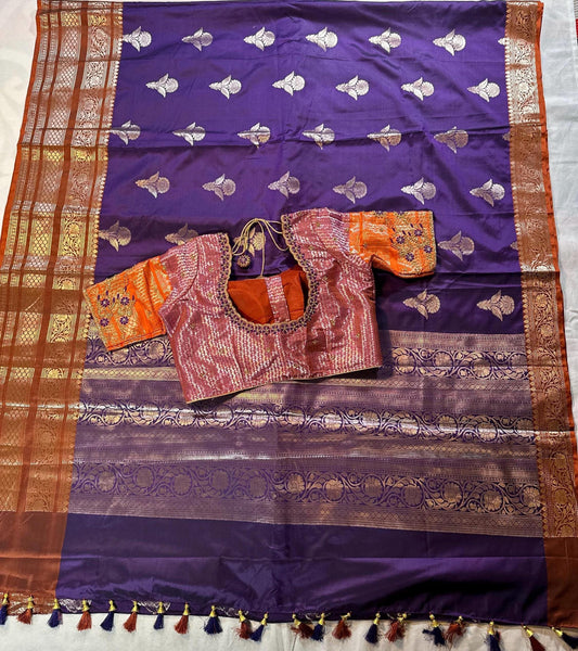 Ready to wear Gadwal Border Chiniya Pattu Saree with stitched Blouse | Party Wear  Wedding Semi  Silk Saree | Stitched Blouse