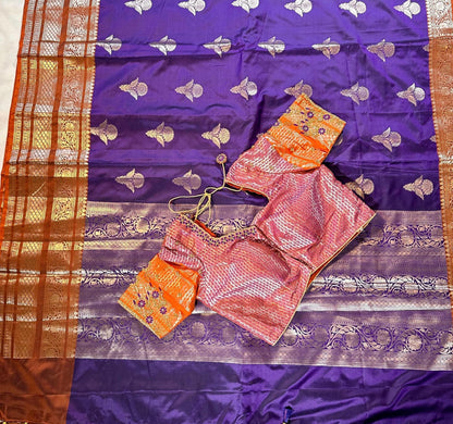 Ready to wear Gadwal Border Chiniya Pattu Saree with stitched Blouse | Party Wear  Wedding Semi  Silk Saree | Stitched Blouse