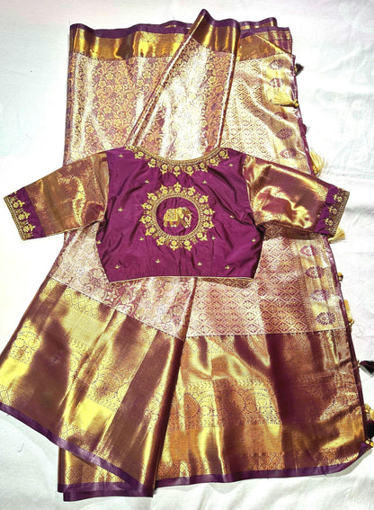 Kanchi Tissue Semi Silk Saree with Maggam Work Blouse. Partywear, Wedding Wear Saree, Shipping from USA