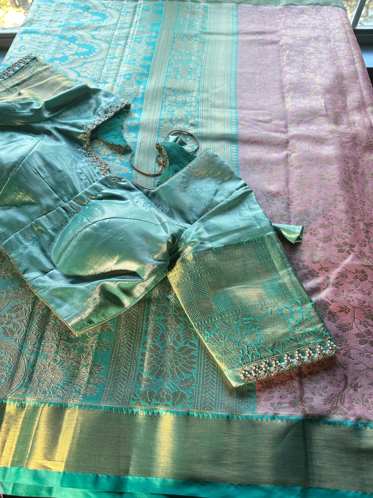 Kanjivaram Semi Silk Saree with Stitched Maggam Work Blouse | Indian Wedding Saree | Ships From USA