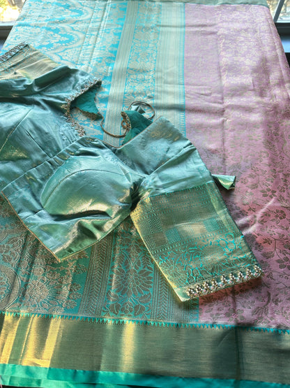 Kanjivaram Semi Silk Saree with Stitched Maggam Work Blouse | Indian Wedding Saree | Ships From USA